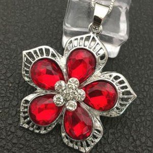Silver Red Gemstone Flower Necklace with FREE Earrings (N03)